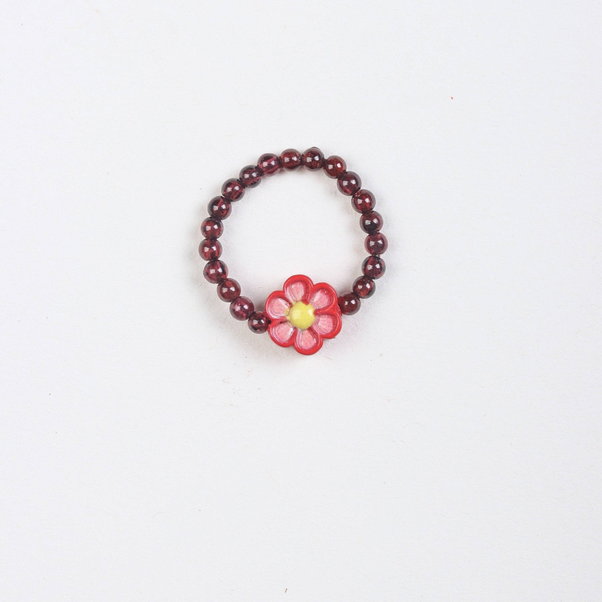 Red Sandstone Beaded Ring with Flower Charm - Ring - Feather Peace