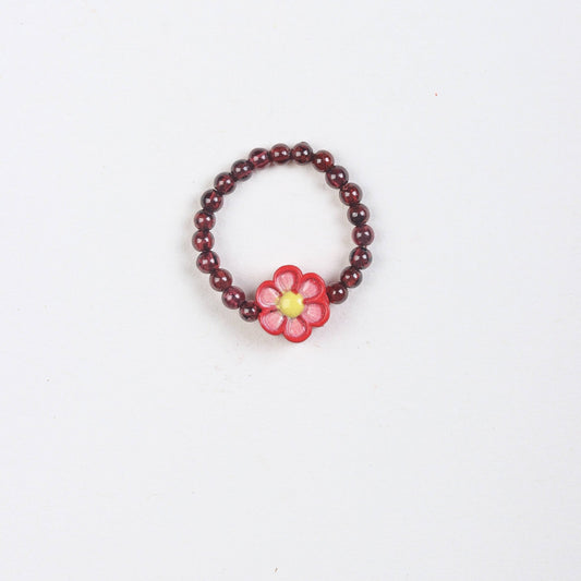 Red Sandstone Beaded Ring with Flower Charm - Ring - Feather Peace