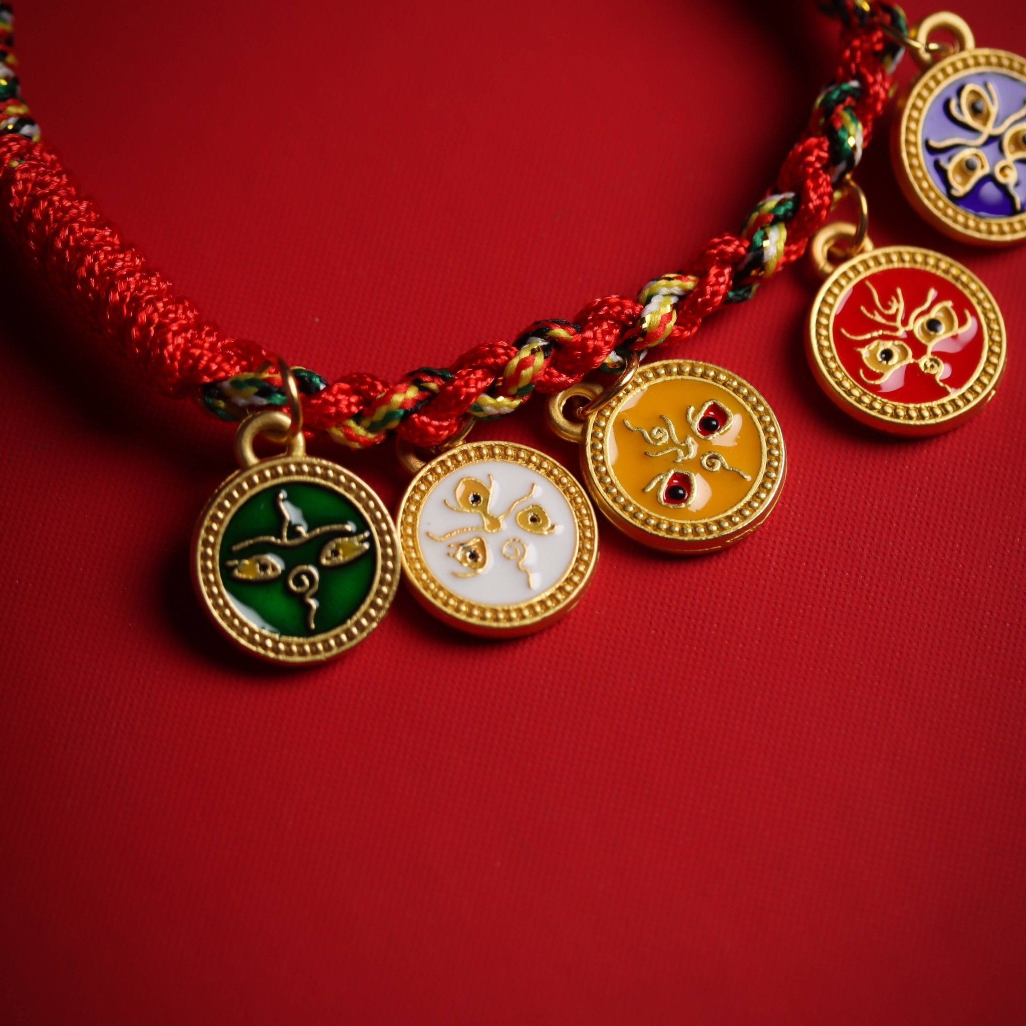 Red String Bracelet with 5 Wealth Charms in Gold Brass - Bracelet - Feather Peace