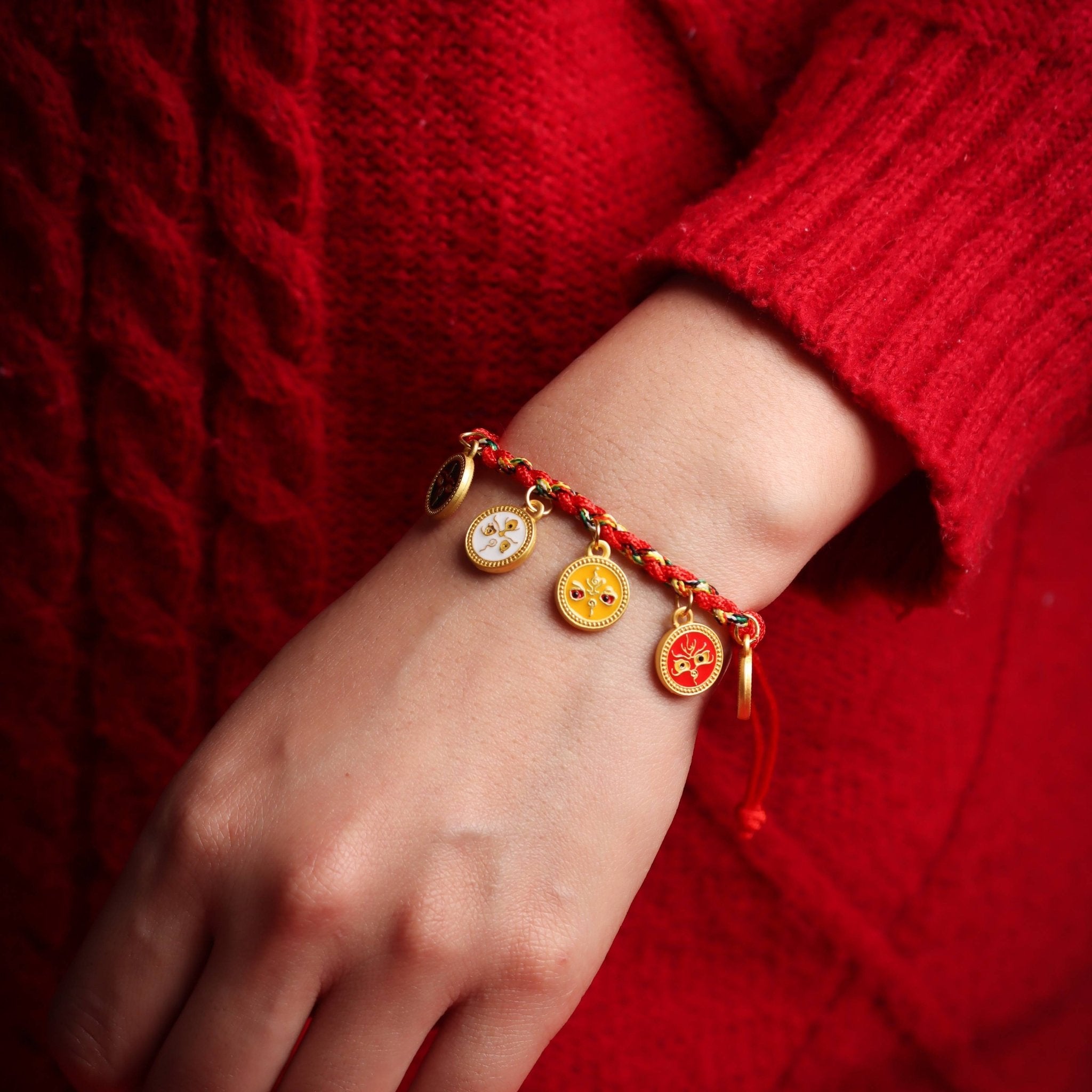 Red String Bracelet with 5 Wealth Charms in Gold Brass - Bracelet - Feather Peace