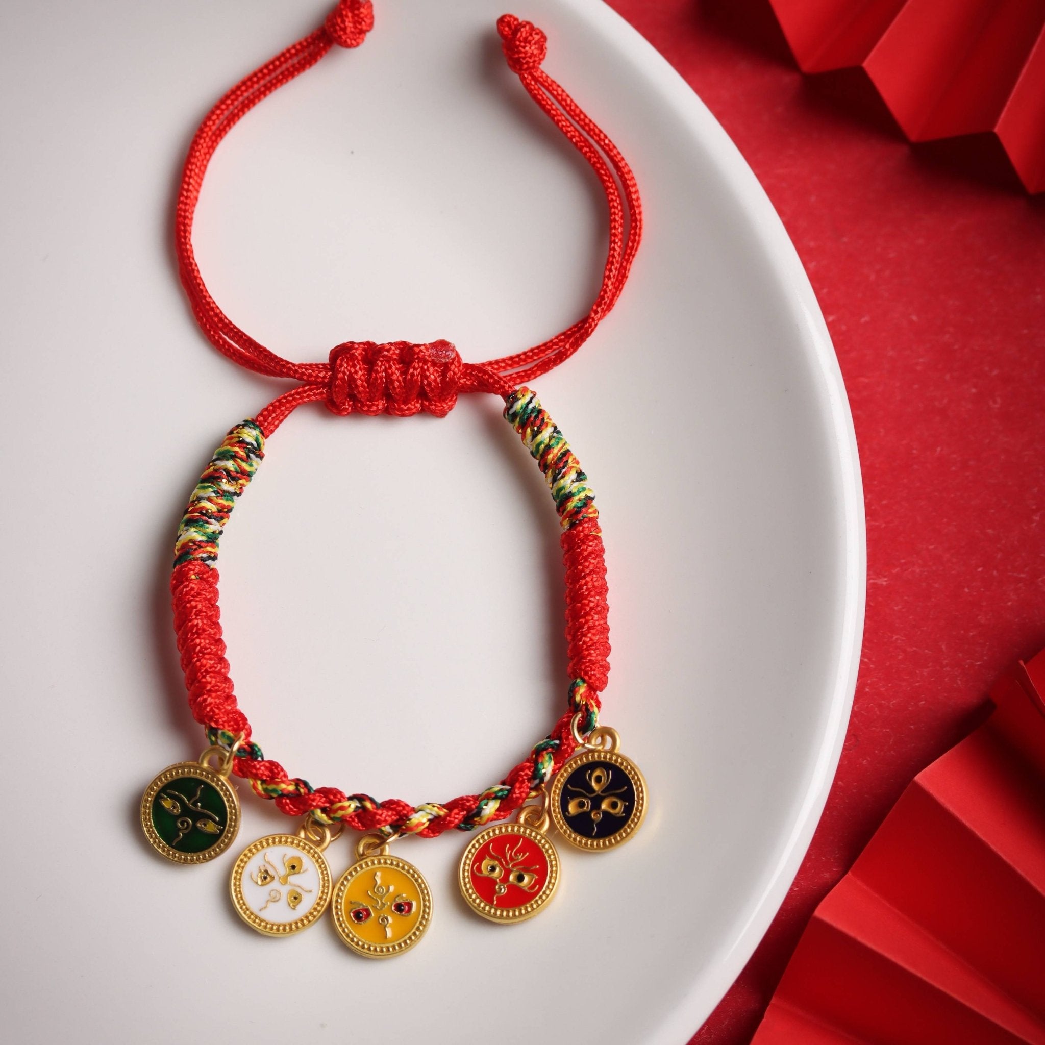 Red String Bracelet with 5 Wealth Charms in Gold Brass - Bracelet - Feather Peace