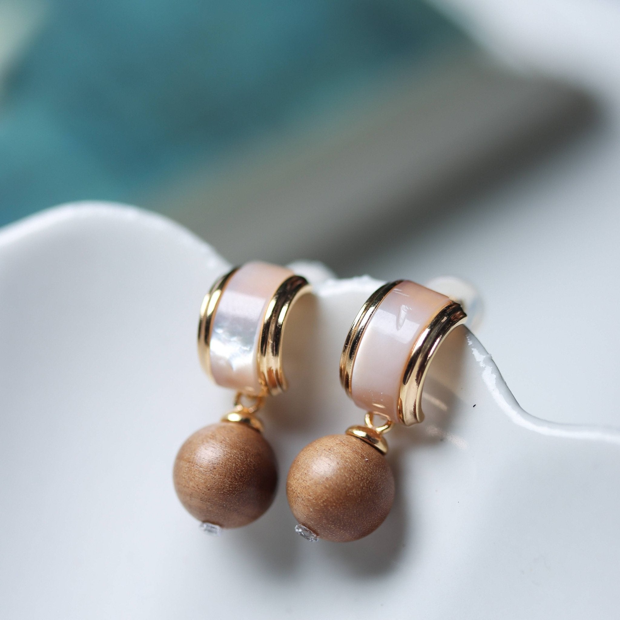 Sandalwood and Half Circle Mother - of - Pearl Dangle Earrings - Earrings - Feather Peace