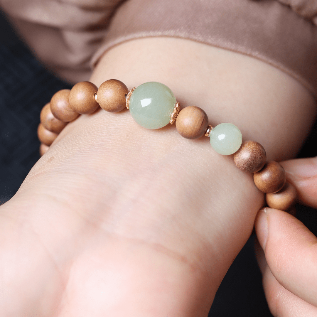 Sandalwood and Hetian Jade Bracelet with Silver Gilt Spacers - Bracelet - Feather Peace