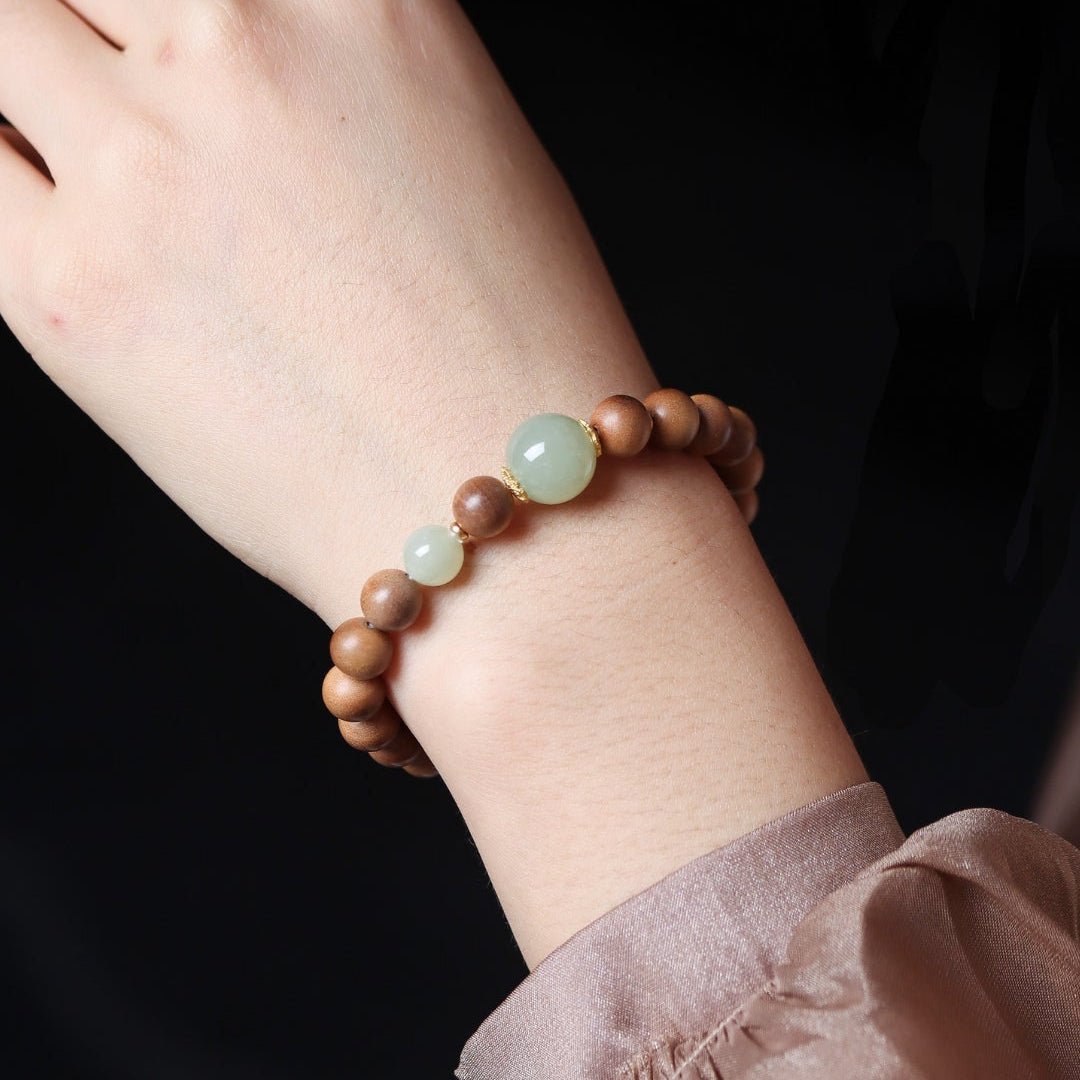 Sandalwood and Hetian Jade Bracelet with Silver Gilt Spacers - Bracelet - Feather Peace