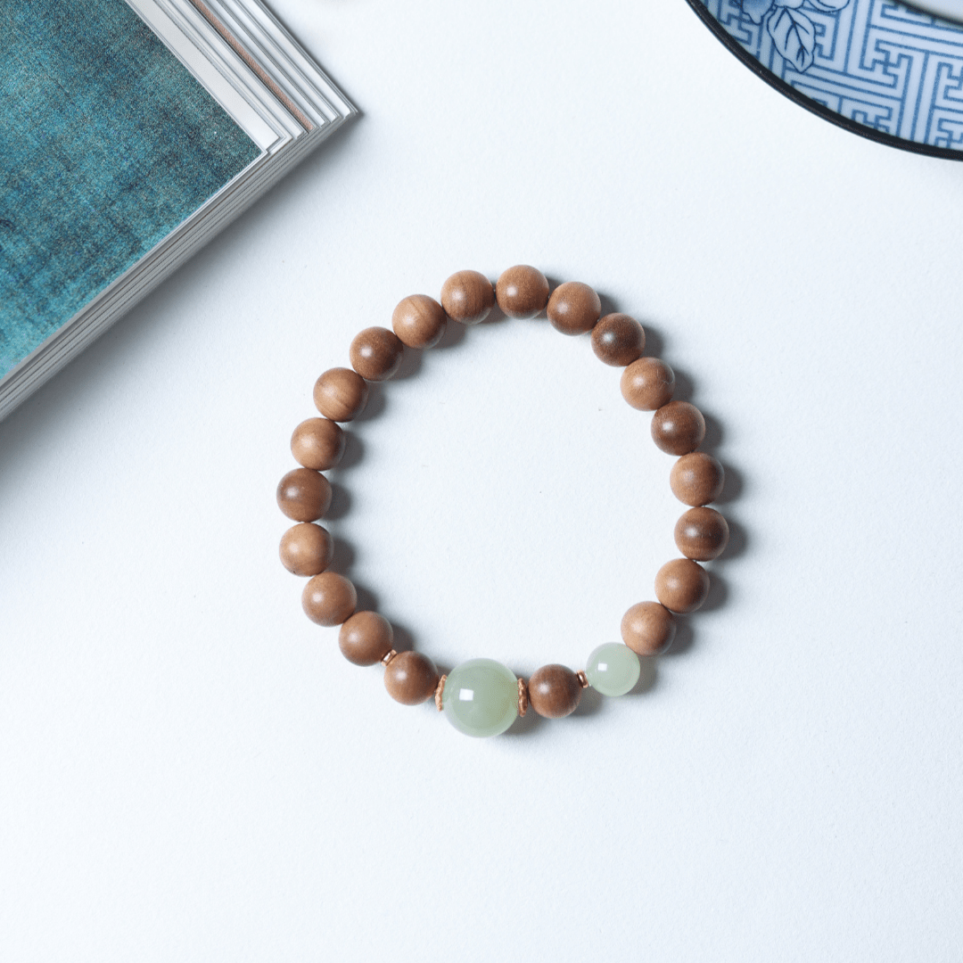 Sandalwood and Hetian Jade Bracelet with Silver Gilt Spacers - Bracelet - Feather Peace