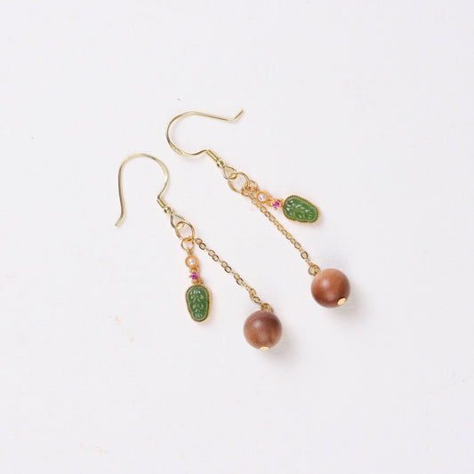 Sandalwood and Jadeite Dangle Earrings in Gold - Plated Silver - Earrings - Feather Peace