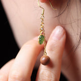 Sandalwood and Jadeite Dangle Earrings in Gold - Plated Silver - Earrings - Feather Peace