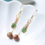 Sandalwood and Jadeite Dangle Earrings in Gold - Plated Silver - Earrings - Feather Peace