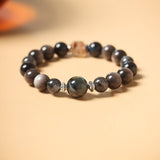 Silver Obsidian and Blue Tiger Eye Quartz Bracelet with Focal Bead - Bracelet - Feather Peace