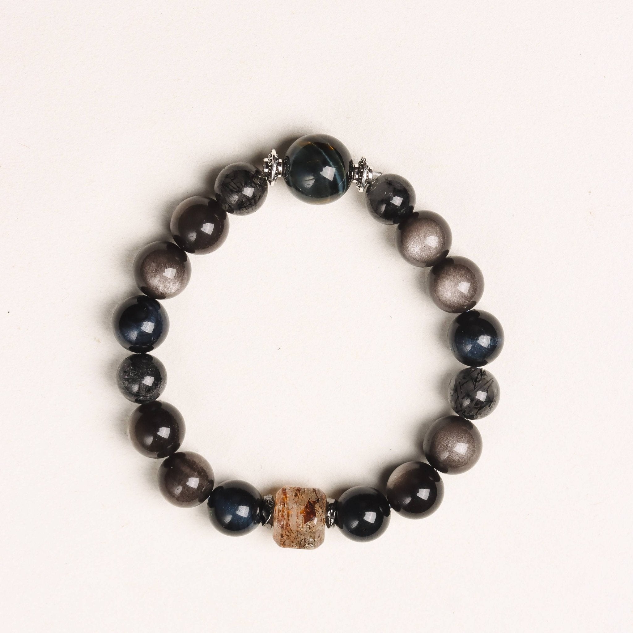Silver Obsidian and Blue Tiger Eye Quartz Bracelet with Focal Bead - Bracelet - Feather Peace