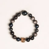 Silver Obsidian and Blue Tiger Eye Quartz Bracelet with Focal Bead - Bracelet - Feather Peace