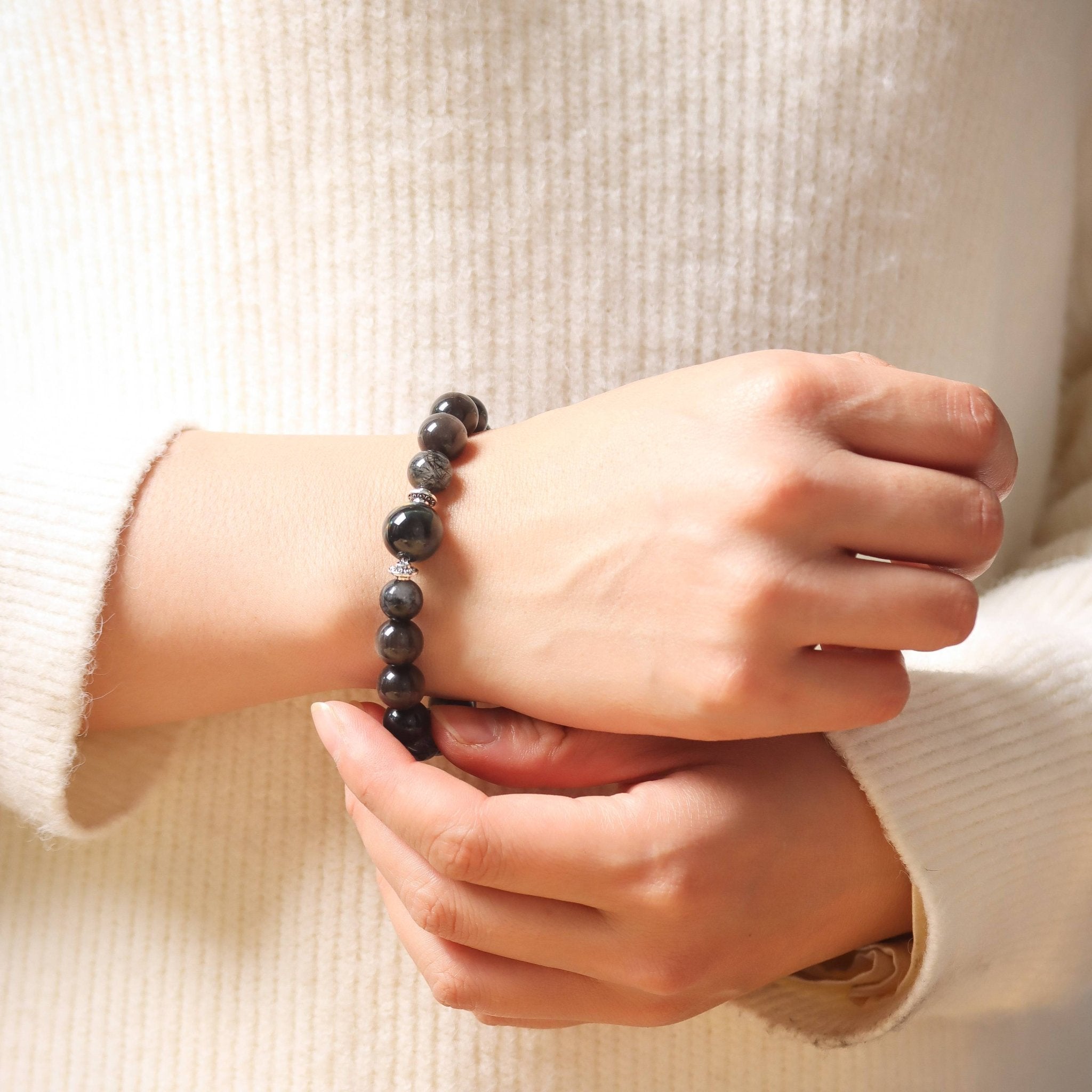 Silver Obsidian and Blue Tiger Eye Quartz Bracelet with Focal Bead - Bracelet - Feather Peace