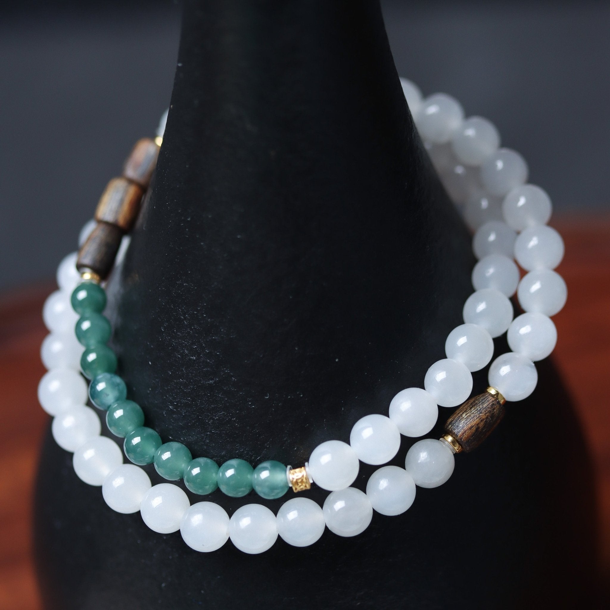 Smoky Hetian Jade and Jadeite Mala - Mala Bead - Feather Peace