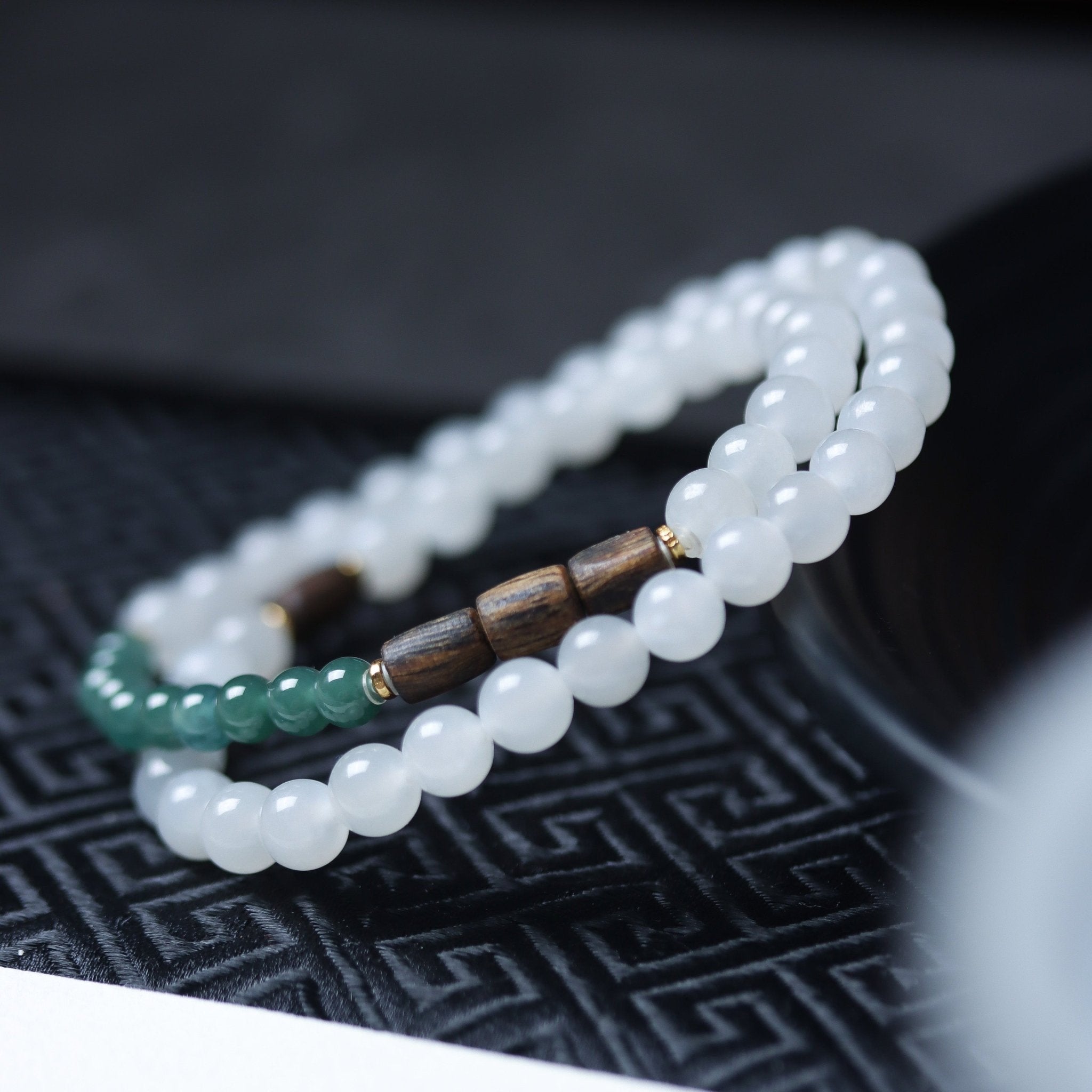 Smoky Hetian Jade and Jadeite Mala - Mala Bead - Feather Peace
