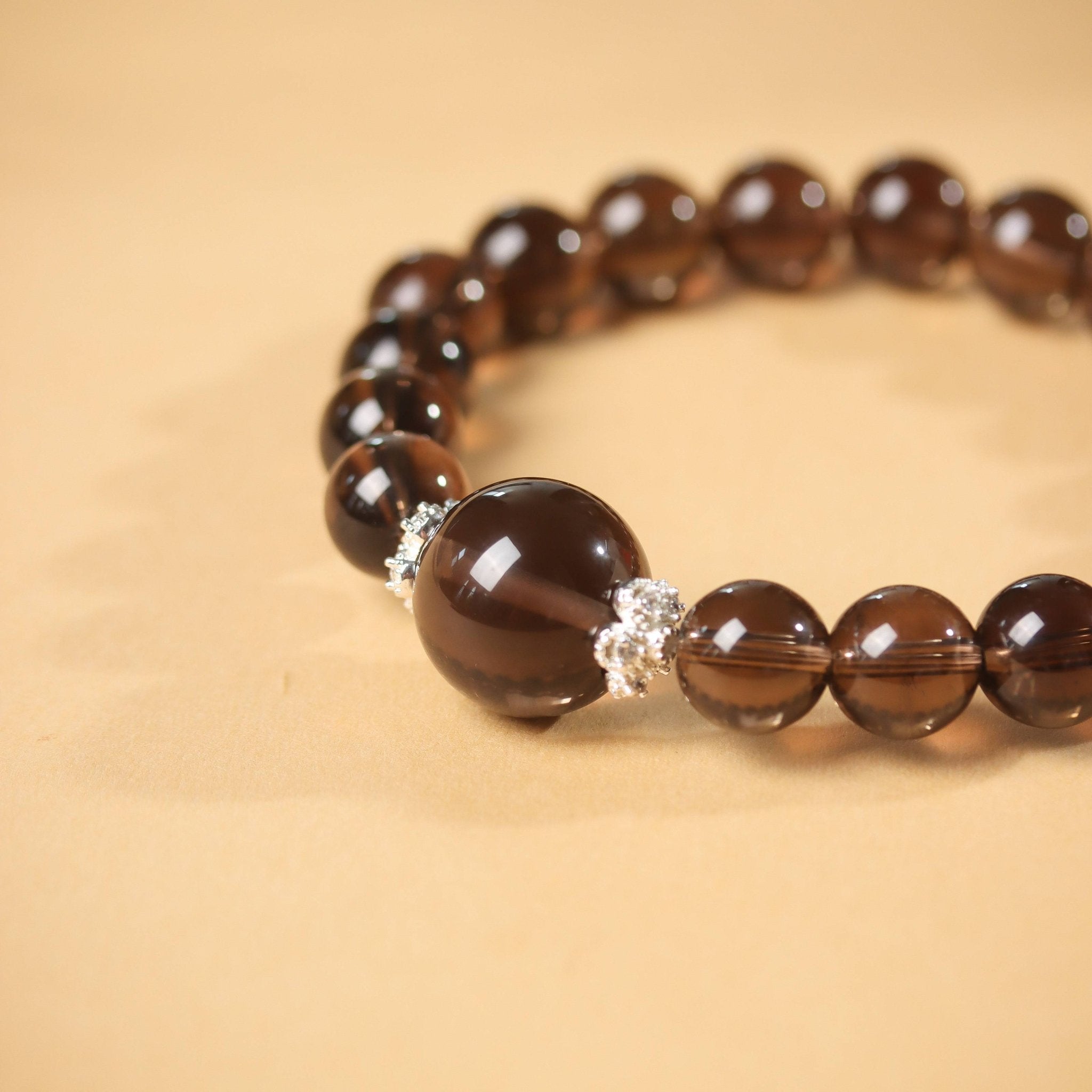 Smoky Quartz Bracelet with Center Bead and Silver Accents - Bracelet - Feather Peace