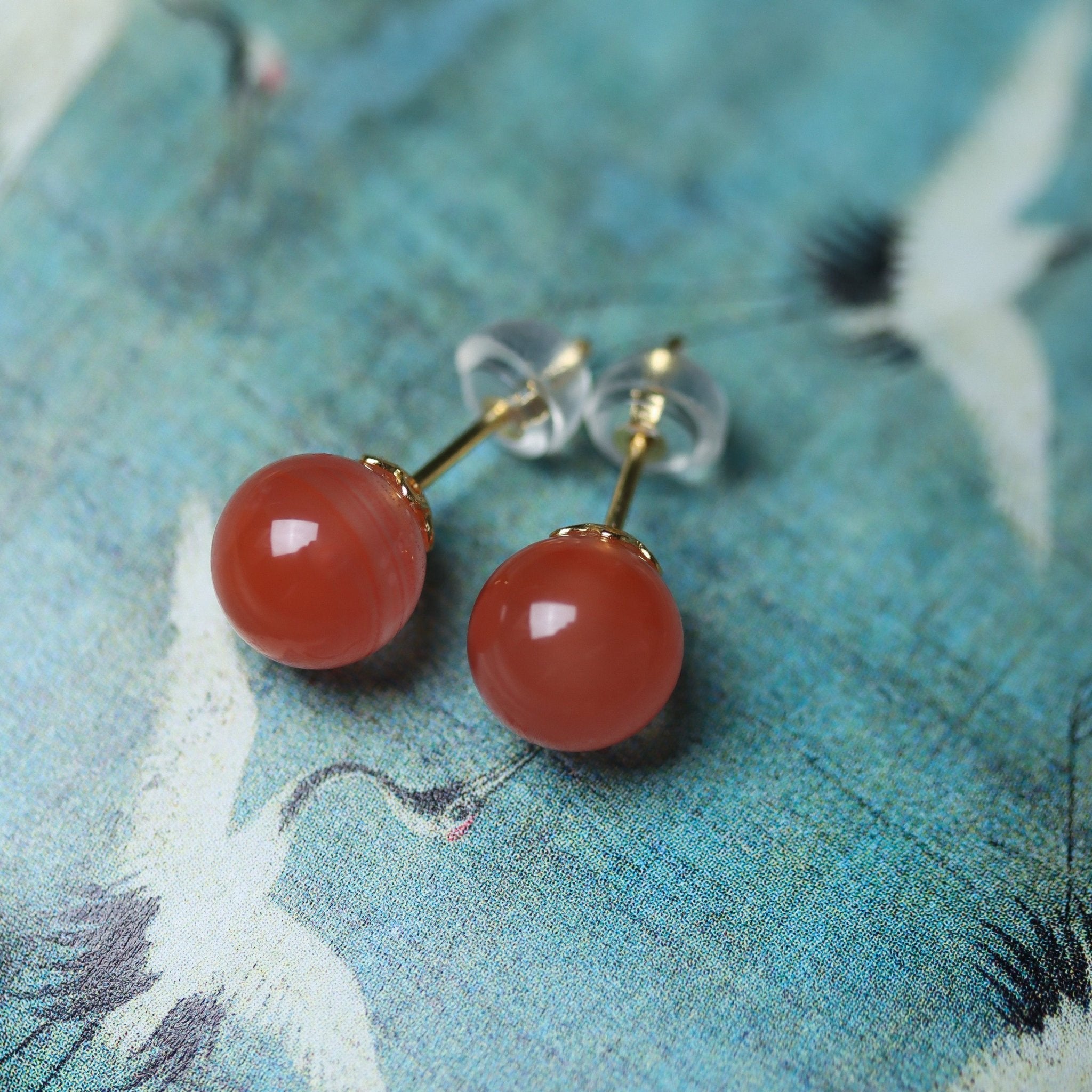 South Red Agate Prayer Beads - Earrings - Feather Peace