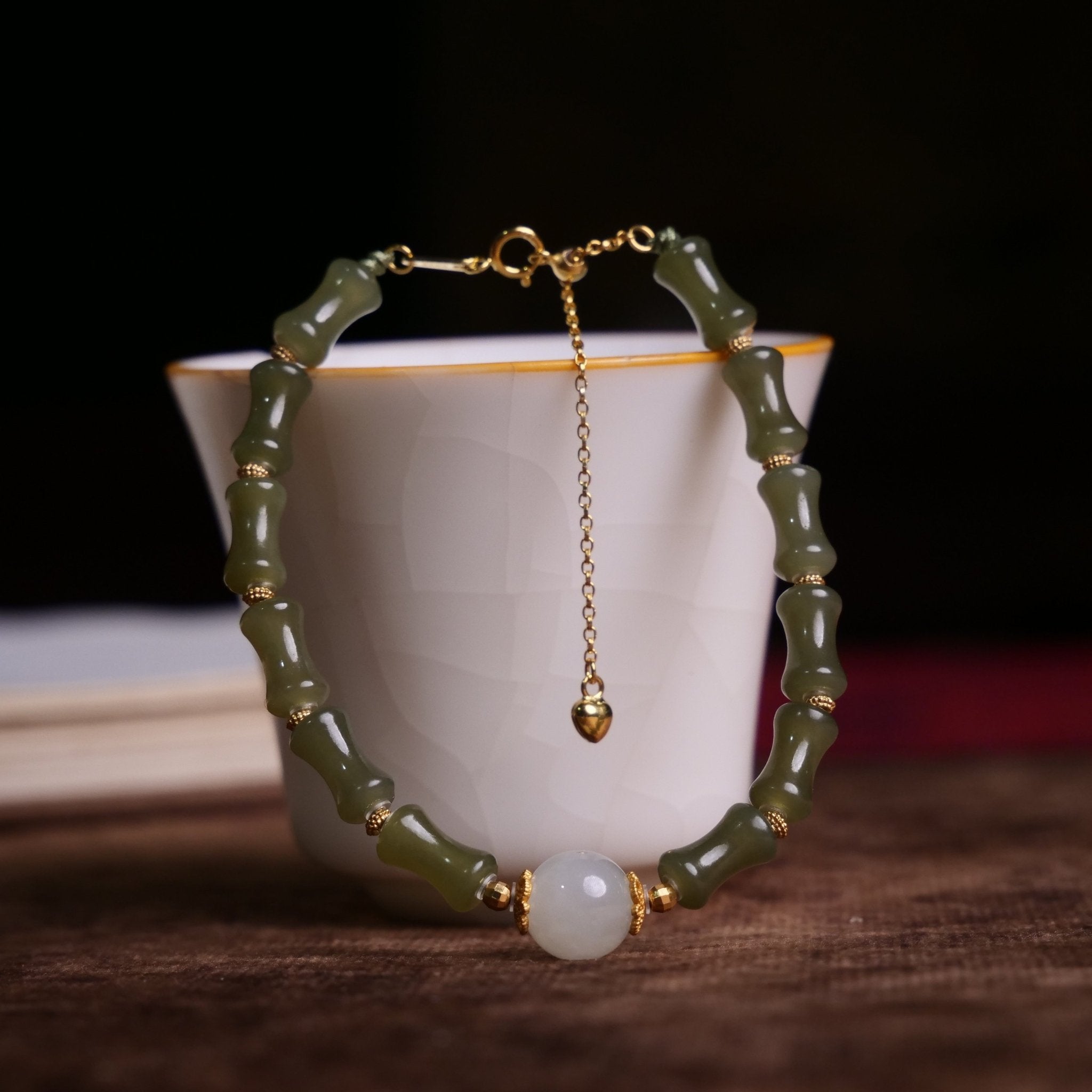 Bamboo Shaped Hetian Jade Bracelet with White Pendant - Bracelet - Feather Peace