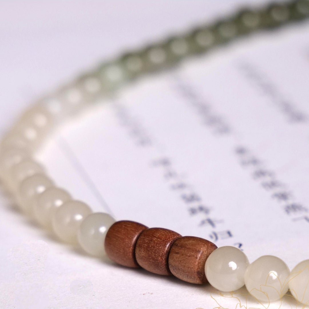 Hetian Jade and Sandalwood Mala Beads - Mala Bead - Feather Peace