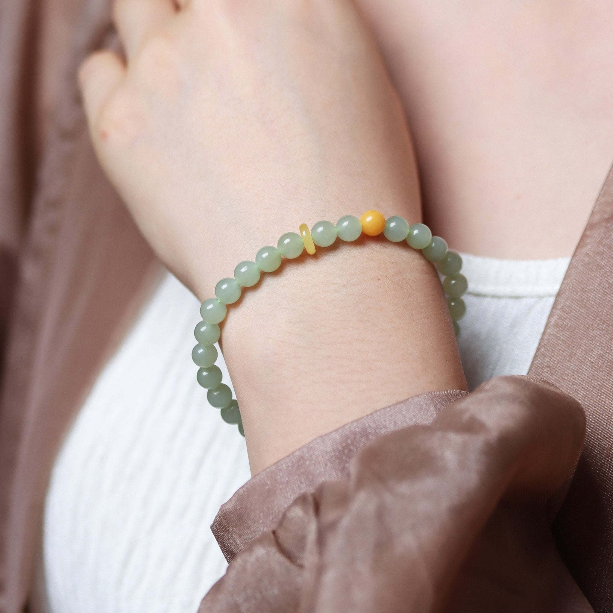 Light Green Hetian Jade and Beeswax Amber Bracelet - Bracelet - Feather Peace