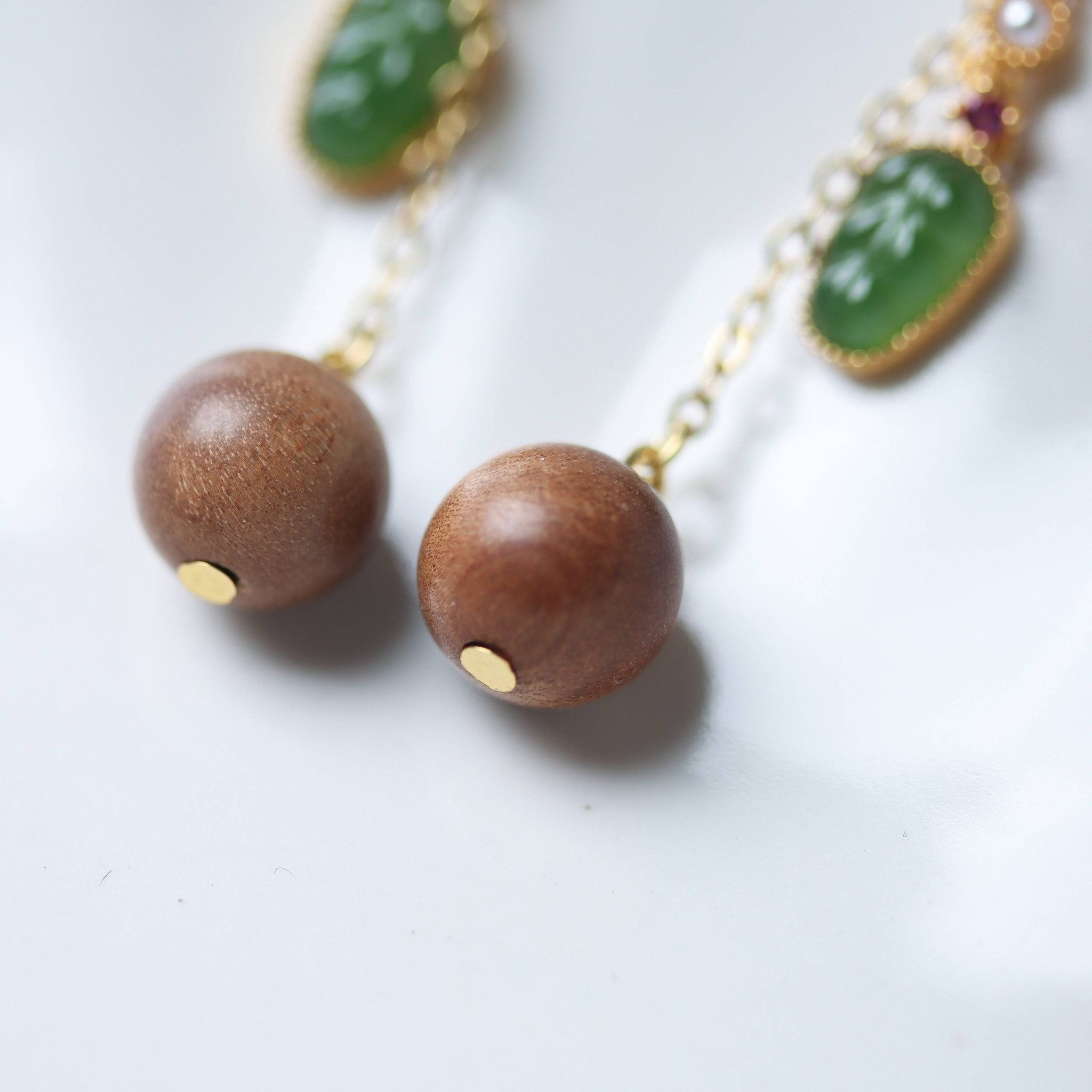 Sandalwood and Jadeite Dangle Earrings in Gold - Plated Silver - Earrings - Feather Peace