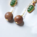 Sandalwood and Jadeite Dangle Earrings in Gold - Plated Silver - Earrings - Feather Peace